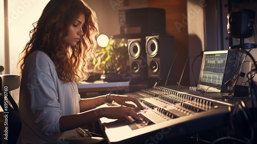 Music producer at home. Young caucasian girl playing music in her studio © AI Studio - R