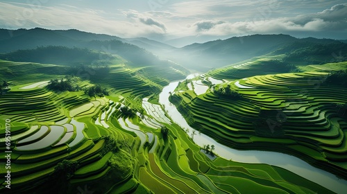 An aerial view of a vast and lush rice field photo