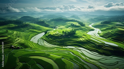An aerial view of a vast and lush rice field photo
