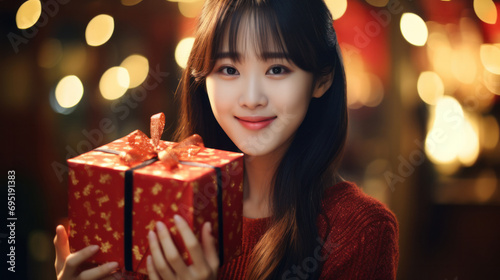 Woman holding festive gift box. Holiday celebration and giving.
