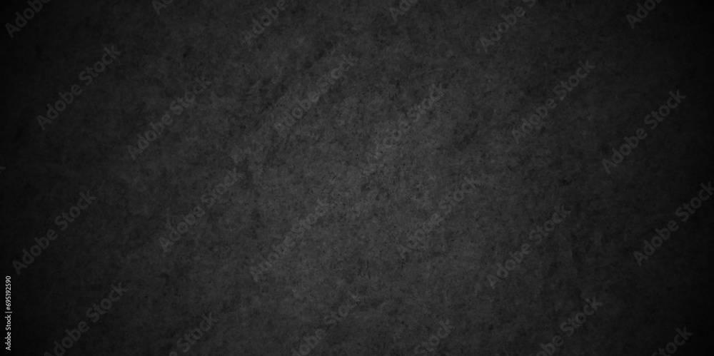 Dark black grunge textured concrete old blackboard and chalkboard rough background. Panorama dark grey black slate background or texture. Vector black concrete texture. Stone wall background.