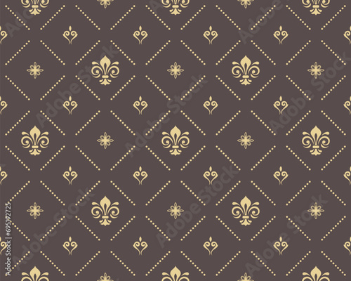 Seamless vector pattern. Modern geometric ornament with royal lilies. Classic brown golden background