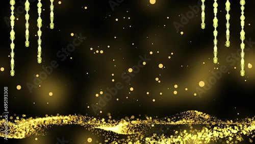 Strings of Lights Hangs | Golden Particles Fall in the Background | Glitter Sparkles with Bokeh Rising on the Shining Floor | Stars Illuminate Motion Background for Events