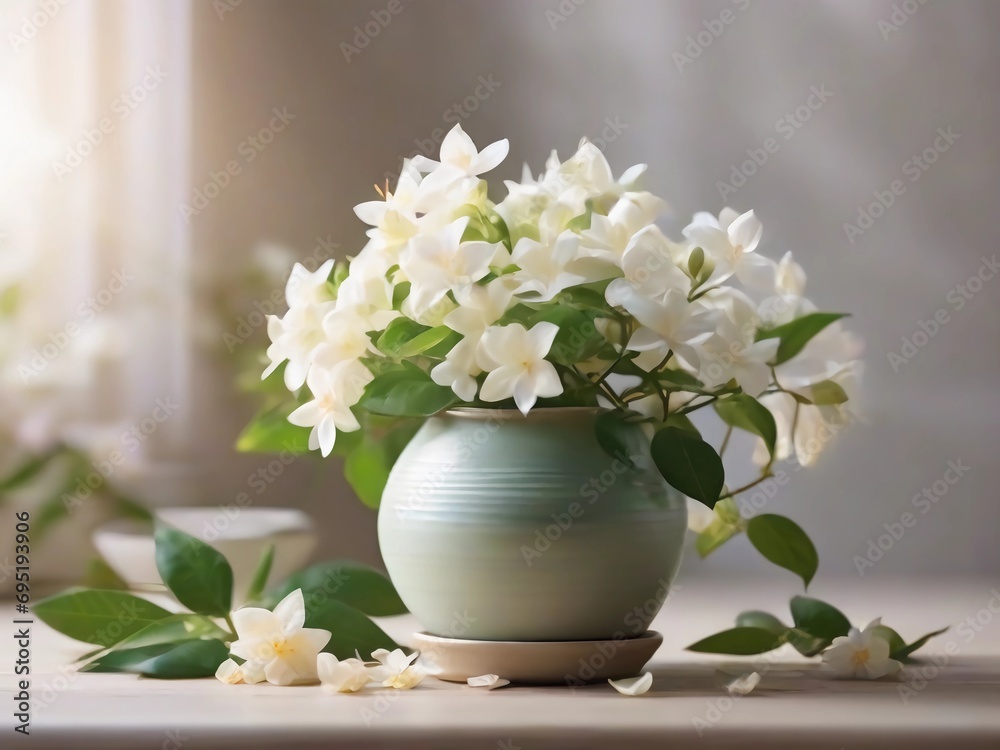 beautiful jasmine flower with pot, sunlight, jasmine detail, realistic jasmine