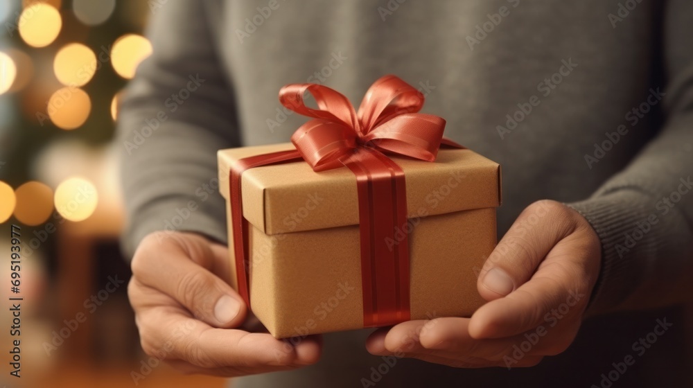 Man holding gift with festive ribbon against blurred Christmas lights. Holiday giving. Man holding gift with festive ribbon against blurred Christmas lights. Holiday giving.