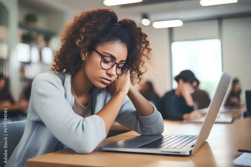female college student solving problems on computer, focused. generative AI female college student solving problems on computer, focused. generative AI