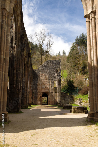 The interior of the remains of the destroyed monastery of All Saints in the Black Forest. Germany
