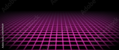 Glowing pink neon wireframe horizon background. Magenta grid room floor in perspective. Bright retro futuristic wallpaper. Abstract checkered plane landscape. Game cyber surface. Vector backdrop