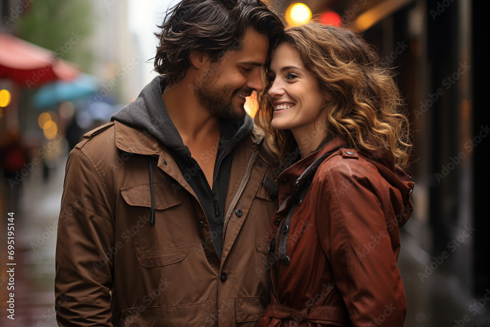 Happy wedding couple in the city, wearing brown jackets, generative AI Happy wedding couple in the city, wearing brown jackets, generative AI