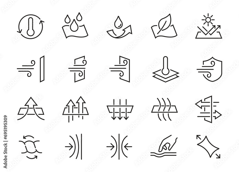 Set of Fabric Properties Related Vector Line Icons. Contains such Icons as Stretching, Windproof, Breathable and more. Editable Stroke. - obrazy, fototapety, plakaty 