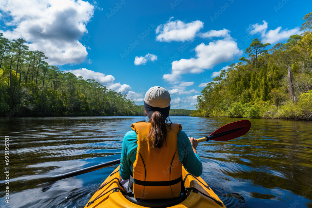 woman canoeing on the calm waters of the lake woman canoeing on the calm waters of the lake