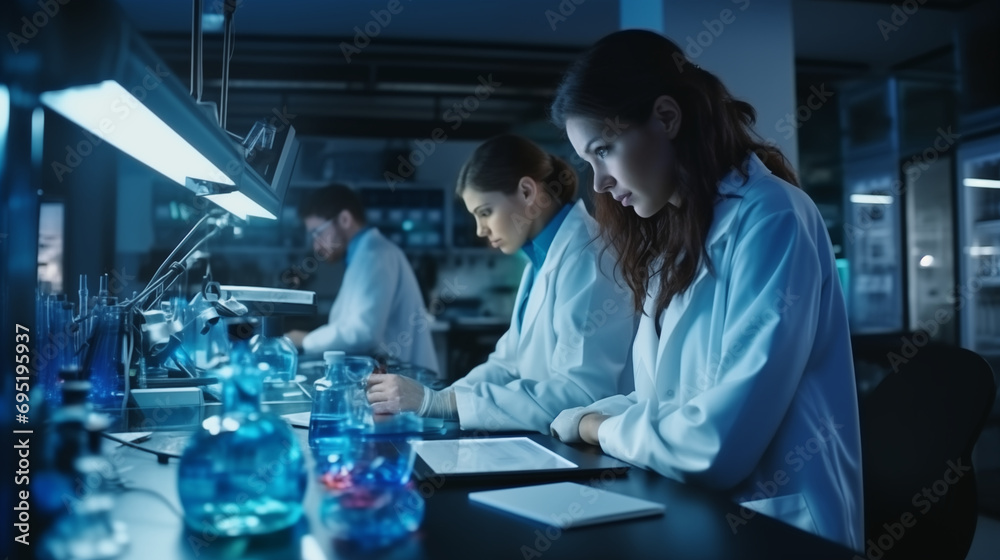 Scientists working in a lab, with vials. Taking notes and experimenting. Scientists working in a lab, with vials. Taking notes and experimenting.
