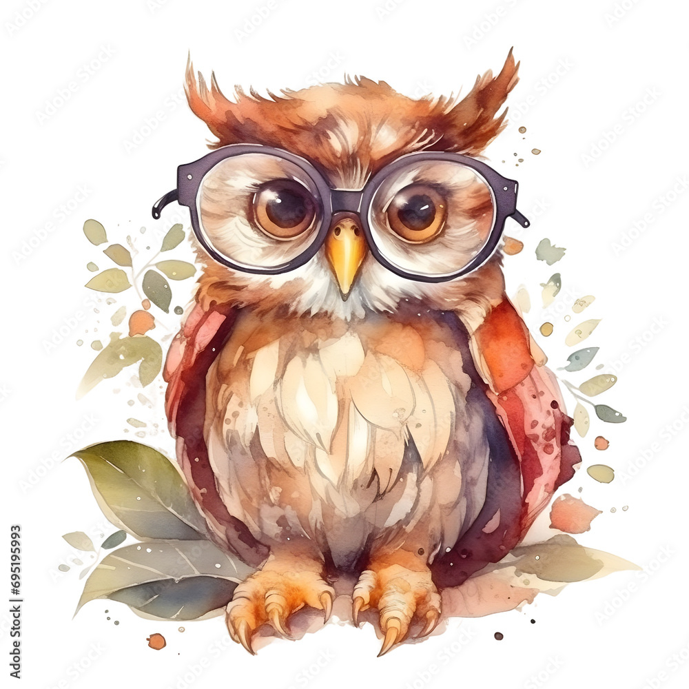 Watercolor cute clipart owl in glasses reading a book on transparent background. sublimation, tshirt, mug, pillow, tumbler, print