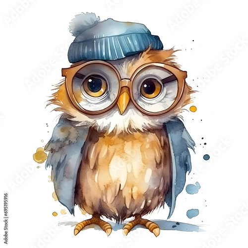 Watercolor cute clipart owl in glasses reading a book on transparent background. sublimation, tshirt, mug, pillow, tumbler, print