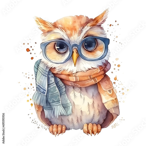 Watercolor cute clipart owl in glasses reading a book on transparent background. sublimation, tshirt, mug, pillow, tumbler, print