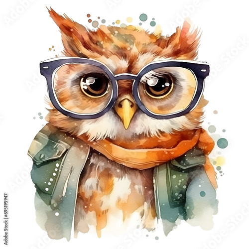 Watercolor cute clipart owl in glasses reading a book on transparent background. sublimation, tshirt, mug, pillow, tumbler, print