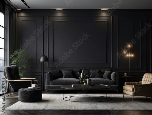 Home interior, modern dark living room interior, black empty wall mock up