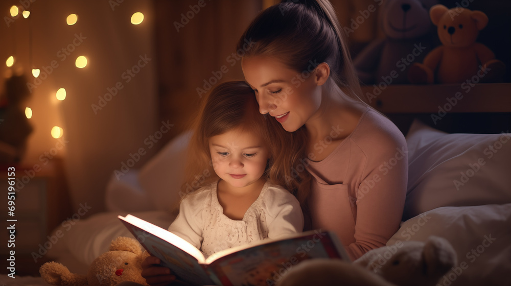 Young mother and child reading a book before bed time. Young mother and child reading a book before bed time.