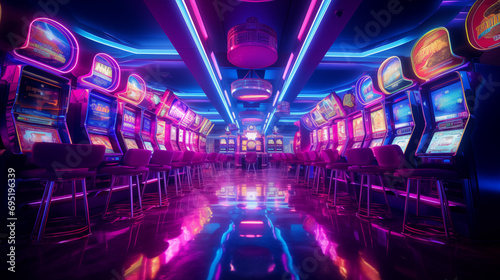 Row of slot machine inside casino, illuminated by neon lights. photo
