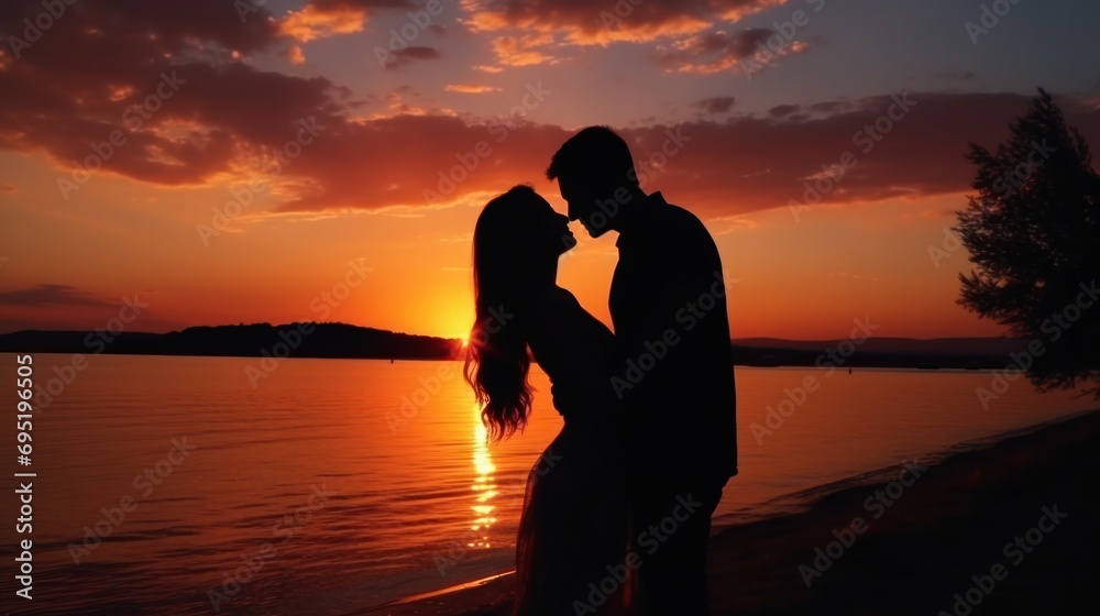 Romantic couple kissing at sunset by lake. Love and relationships.