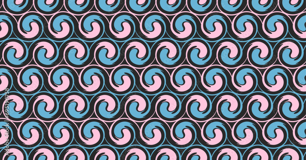 Connected pink and blue drops twisted into a spiral on a black background. Abstract endless texture with repeating ornament. Vector seamless pattern for wrapping paper, surface texture, web and print