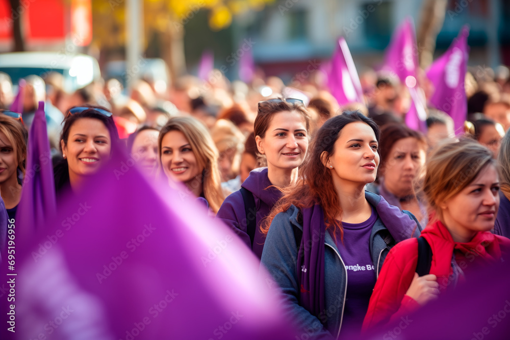 Fototapeta premium Many people with purple t-shirts and banners, men and women, at the Women's Day demonstration, March 8