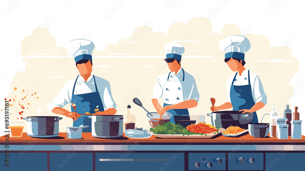 Food Vector Cooking Class vector illustration of a cooking class in progress with chefs, students, cooking utensils, and delicious dishes being prepared Food Vector Cooking Class vector illustration of a cooking class in progress with chefs, students, cooking utensils, and delicious dishes being prepared