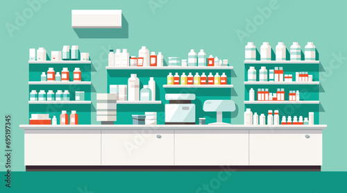 Healthcare Vector Pharmacy vector representation of a modern pharmacy with shelves of medicines, a counter, and a pharmacist. 