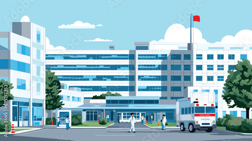 Healthcare Vector Hospital vector representation of a modern hospital facility with medical professionals, patients, and healthcare technology.