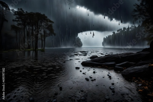 rain drop falling in the water with dark and deep clouds staring the whole sky abstract clouds and water background 