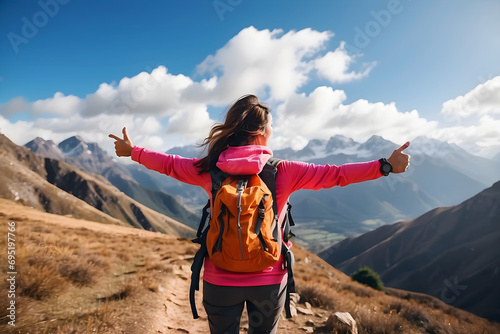 Women hiker or traveler with backpack adventure feeling victorious facing on the mountain, outdoor for education nature on vacation. Travel and Lifestyle Concept