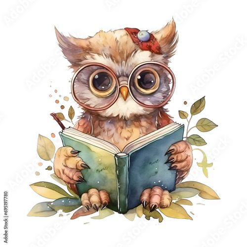 Watercolor cute clipart owl in glasses reading a book on transparent background. sublimation, tshirt, mug, pillow, tumbler, print