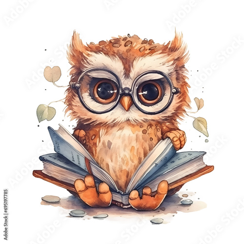 Watercolor cute clipart owl in glasses reading a book on transparent background. sublimation, tshirt, mug, pillow, tumbler, print