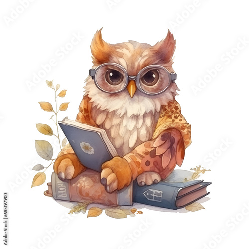 Watercolor cute clipart owl in glasses reading a book on transparent background. sublimation, tshirt, mug, pillow, tumbler, print
