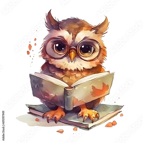 Watercolor cute clipart owl in glasses reading a book on transparent background. sublimation, tshirt, mug, pillow, tumbler, print