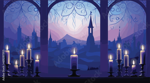 vector scene of a candlelit Christmas window display, showcasing a warmly glowing menorah or Advent candle set