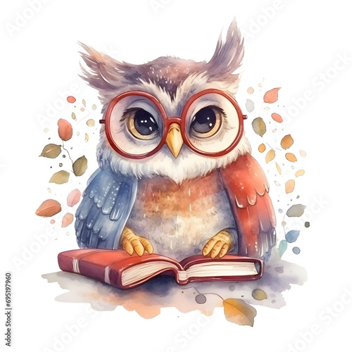 Watercolor cute clipart owl in glasses reading a book on transparent background. sublimation, tshirt, mug, pillow, tumbler, print