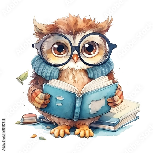 Watercolor cute clipart owl in glasses reading a book on transparent background. sublimation, tshirt, mug, pillow, tumbler, print