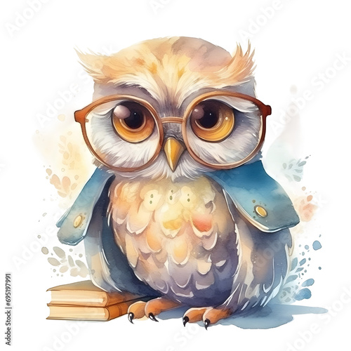 Watercolor cute clipart owl in glasses reading a book on transparent background. sublimation, tshirt, mug, pillow, tumbler, print