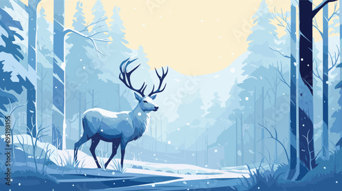 serene vector scene of a lone reindeer standing in a snowy forest clearing, with a soft, gradient _flat color_ background transitioning from cool blues to snowy whites. © J.V.G. Ransika