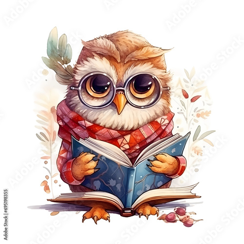Watercolor cute clipart owl in glasses reading a book on transparent background. sublimation, tshirt, mug, pillow, tumbler, print