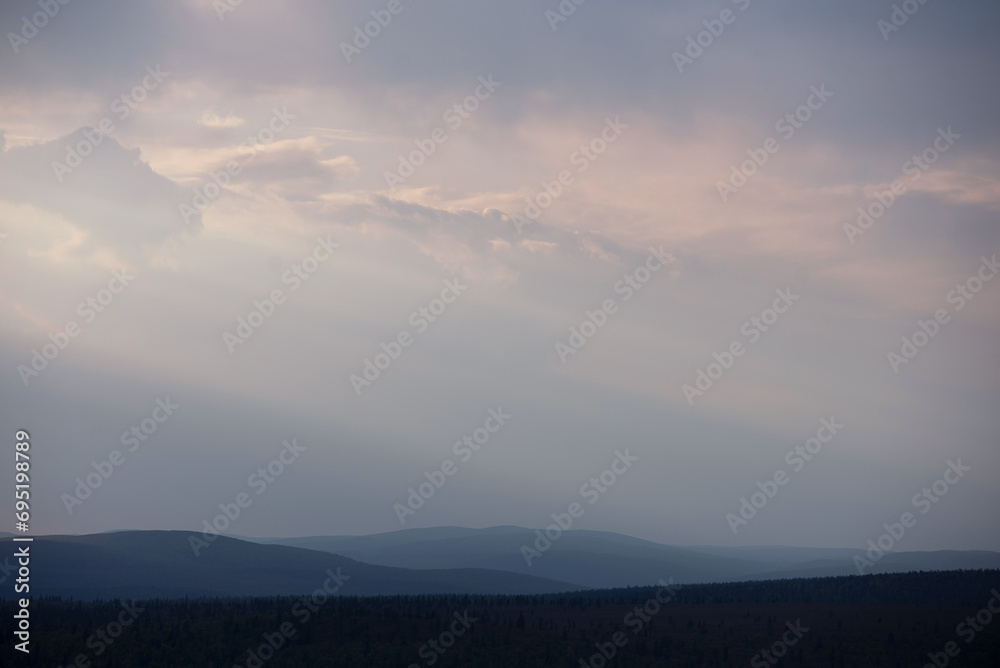 Landscape from the fells in Finnish Lapland under a dramatic sky