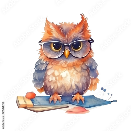 Watercolor cute clipart owl in glasses reading a book on transparent background. sublimation, tshirt, mug, pillow, tumbler, print