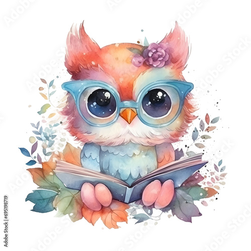 Watercolor cute clipart owl in glasses reading a book on transparent background. sublimation, tshirt, mug, pillow, tumbler, print