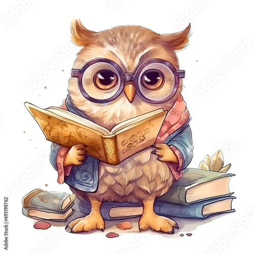 Watercolor cute clipart owl in glasses reading a book on transparent background. sublimation, tshirt, mug, pillow, tumbler, print