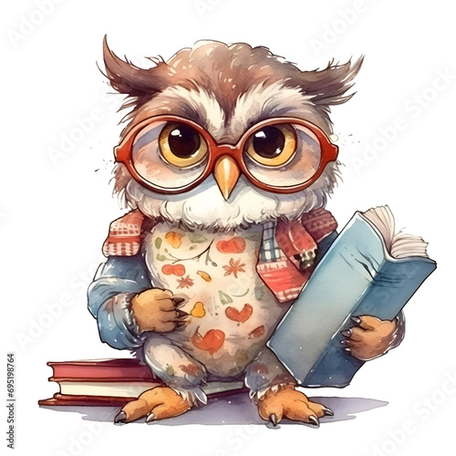 Watercolor cute clipart owl in glasses reading a book on transparent background. sublimation  tshirt  mug  pillow  tumbler  print