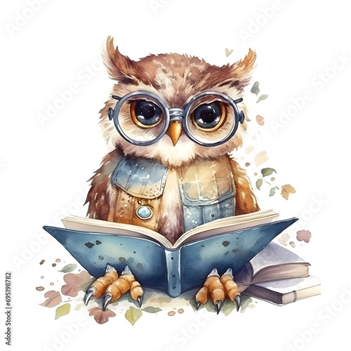 Watercolor cute clipart owl in glasses reading a book on transparent background. sublimation, tshirt, mug, pillow, tumbler, print