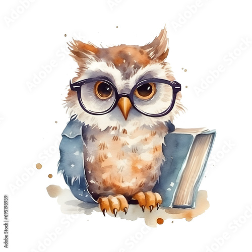 Watercolor cute clipart owl in glasses reading a book on transparent background. sublimation, tshirt, mug, pillow, tumbler, print