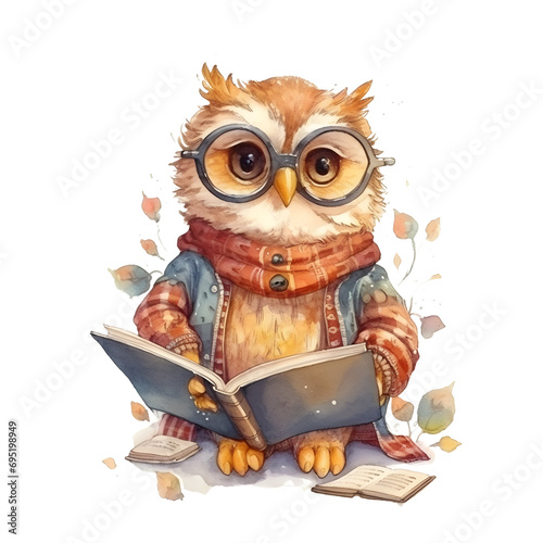 Watercolor cute clipart owl in glasses reading a book on transparent background. sublimation, tshirt, mug, pillow, tumbler, print