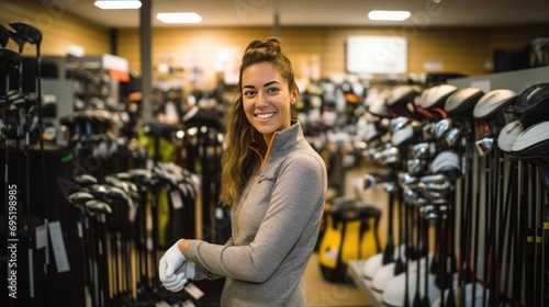 Beautiful young woman smiling looking at camera in golf equipment shop photo